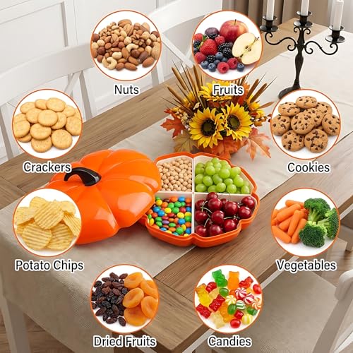 Pumpkin Divided Serving Tray with Lid - Orange Fall Themed Snack Platter, 4 Compartments, BPA-Free Halloween Party Decor