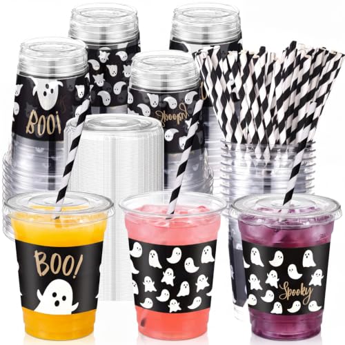 Halloween Ghost Plastic Disposable Cups with Lids & Straws - Black, 50 Sets