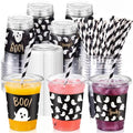 Halloween Ghost Plastic Disposable Cups with Lids & Straws - Black, 50 Sets
