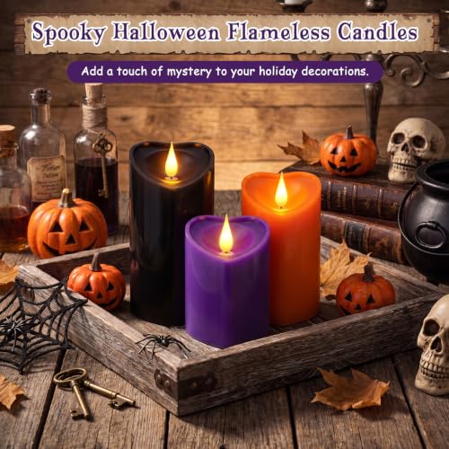 Retisee Heart Flameless Candle Set - Halloween Color Heart-Shaped Decor with Timer