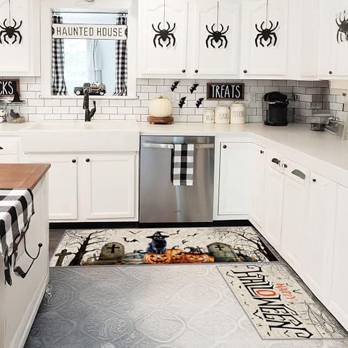 Halloween Kitchen Mat Set of 2 Non-Slip Washable Floor Rugs Ghost Pumpkin Decor