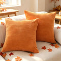 Set of 2 Orange 26x26 Inch Corduroy Throw Pillow Covers - Soft Striped Euro Shams for Sofa Couch Chair Decor