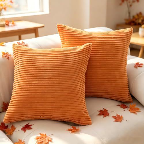 Set of 2 Orange 26x26 Inch Corduroy Throw Pillow Covers - Soft Striped Euro Shams for Sofa Couch Chair Decor