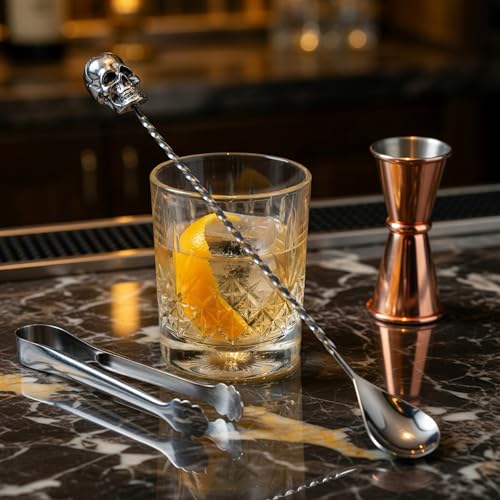 Skull 12-Inch Bar Spoon for Cocktail Mixing - Silver Handle, Homestia