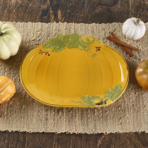 Pumpkin Serving Platter - 12 Inch Fall Pumpkin Shape with Acorn & Leaf Accents
