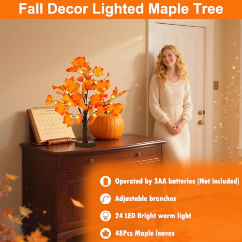 2 Pack Lighted Fall Maple Trees for Thanksgiving & Autumn Decor - Battery Operated, 24 Inch