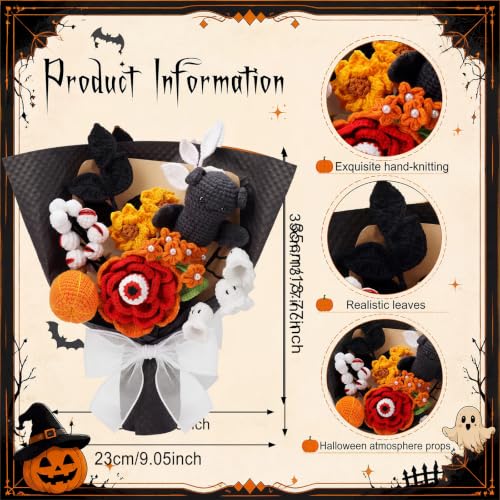 Halloween Crochet Flower Bouquet with Bats Ghost Pumpkin - 14.6 x 11.8 Inches