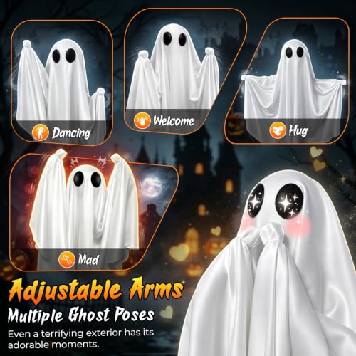 Halloween Hanging Ghost Decorations - 5 FT Swinging Ghosts with Adjustable Arms & 8 Light Modes - White, Outdoor & Indoor, 2 Pack