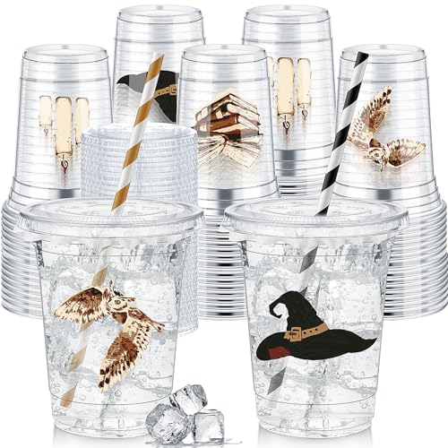 Wizard Themed Disposable Plastic Cups 12 oz Set of 50 with Lids & Straws - Gold & Black Variation