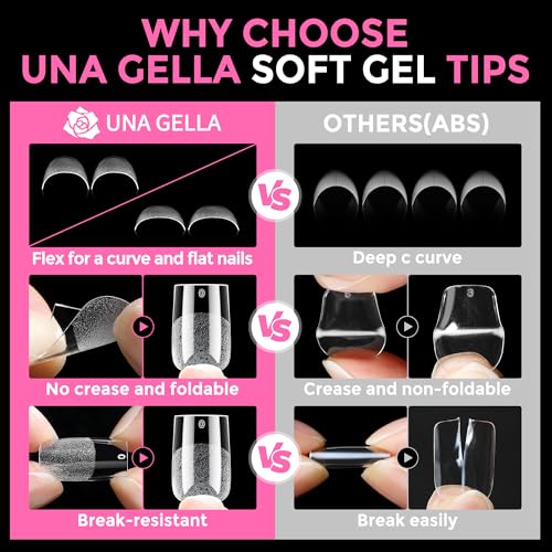 UNA GELLA Short Sharp Square Nail Tips 216pcs - Pre-Etched, Flexi Gel, 12 Sizes