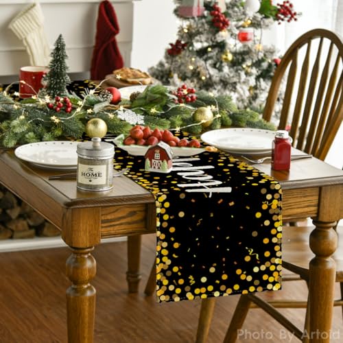 Polka Dot Happy New Year Table Runner 13x72 Inch Kitchen Dining Decor