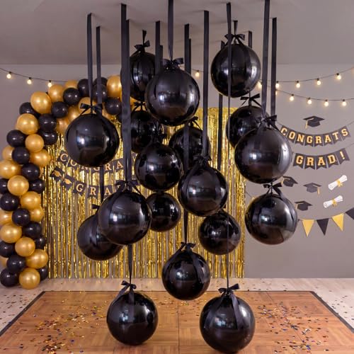 Black 22 Inch Round Metallic Foil Balloons Set - 20 Pieces with Ribbon - Birthday, Wedding, Halloween Decorations