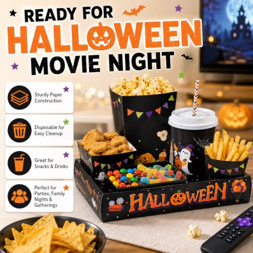 Halloween Movie Night Snack & Drink Set - 24 Sets of Trays Cups Straws