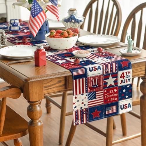 13 x 36 Inch American Flag Stars Table Runner - 4th of July Memorial Day Kitchen Decor Blue Red