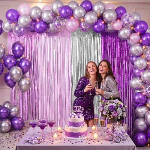 Purple and Silver Fringe Backdrop Curtains - 6.6ft Party Decor Set of 4