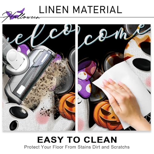 Halloween Ghost Kitchen Rugs Set of 2 - Non-Slip Decorative Doormat with Jack O Lantern & Spider Web Pattern - Variation: Ghost