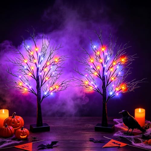 Halloween Decorations Indoor, 2 Pack 26-Inch Black Halloween Trees with Orange & Purple LED Lights - USB & Battery Powered, Spooky Tabletop Decor, Orange Purple Variation