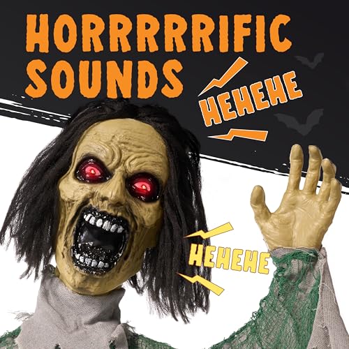 Halloween Outdoor Zombie Groundbreaker Decoration with Motion & Lights - Green & Gray, 39 Inches