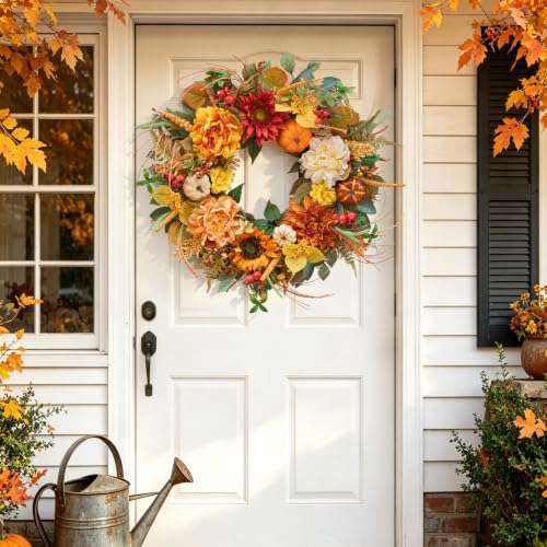 Artificial Fall Wreath for Front Door - Orange Peony & Pumpkins - Harvest Seasonal Decor
