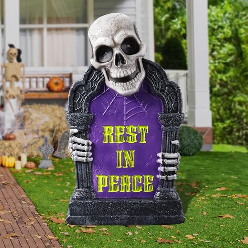 Halloween Graveyard Tombstone Decoration with Glowing Skeleton, 16.5 Inch Outdoor LED Yard Prop