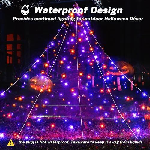 Halloween Outdoor Spider Web Decorations 19.7ft x 14.7ft Lighted Web with Purple & Orange LEDs, 8 Modes, Timer, Waterproof – White Cord Variation