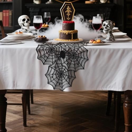 Halloween Spider Web Table Runner Black Lace Polyester Spooky Decor