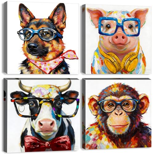 Funny Animal Wall Art Canvas Print Set - Kids Bedroom Decor, 12x12 Inch, Cartoon Animals with Glasses - 4 Pieces