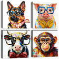 Funny Animal Wall Art Canvas Print Set - Kids Bedroom Decor, 12x12 Inch, Cartoon Animals with Glasses - 4 Pieces
