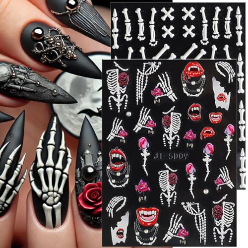 Halloween Nail Stickers - 8 Sheets 5D Embossed Skull Ghost Pumpkin Spider Bat Design - Variation of THIS listing