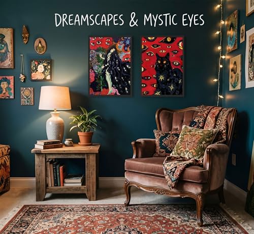 Hippie Black Cat Wall Art Canvas Posters - Mystical Animal Eyes Stars Set - 24x16 Inches, Framed Style