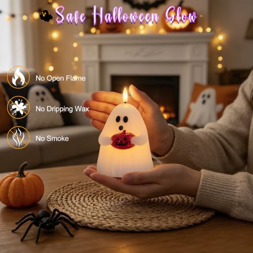 Ghost Flameless Candles with Timer - Real Wax Halloween Decor - 2 Pack - Ghost Variation