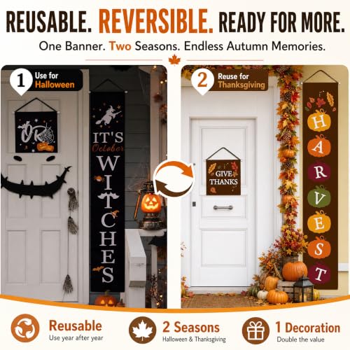 Reversible Fall Halloween Porch Banner - 71 Inch Outdoor Decor with Black and Brown Variation