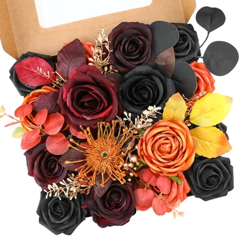 Black Artificial Flowers Set with Stems for Wedding DIY Bouquets & Decor - Orange & Black Variation