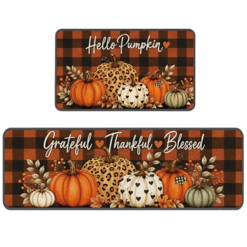 Fall Kitchen Rugs Set of 2 - Pumpkin Buffalo Plaid with Orange & Black Variation