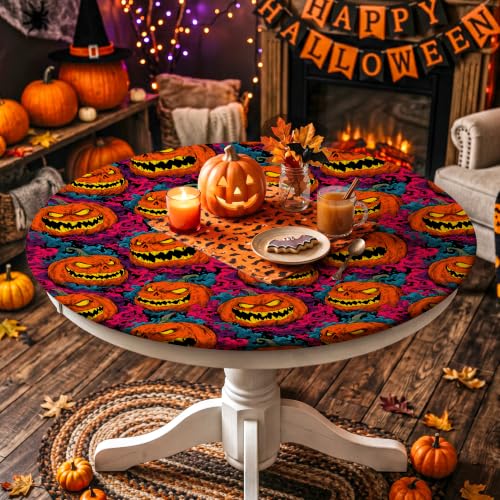 Halloween Fitted Round Tablecloth 49-52 Inch with Pumpkin Head Design - 52 Inches