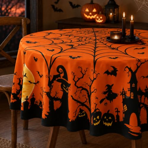 Halloween Round Tablecloth 60 Inch Pumpkin Spider Web Bat Water-Resistant Reusable Table Cover - Orange