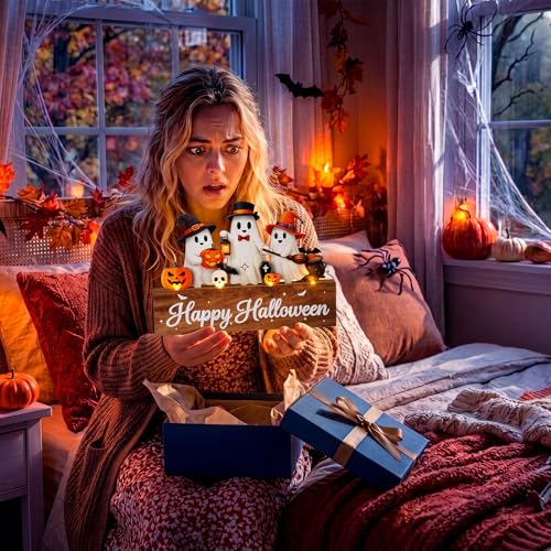 Halloween Ghost Table Decoration with LED Lights - Wooden Indoor Decor