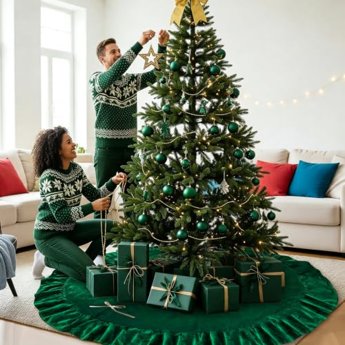 Green Velvet Christmas Tree Skirt 72 Inches Luxury Holiday Decor for Festive Home