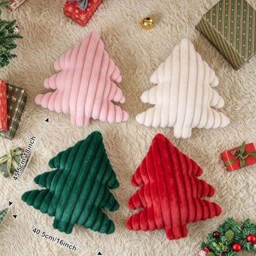 Christmas Tree Pillows Set of 2 - Beige Wide Stripes Xmas Decor 16x18 Inch