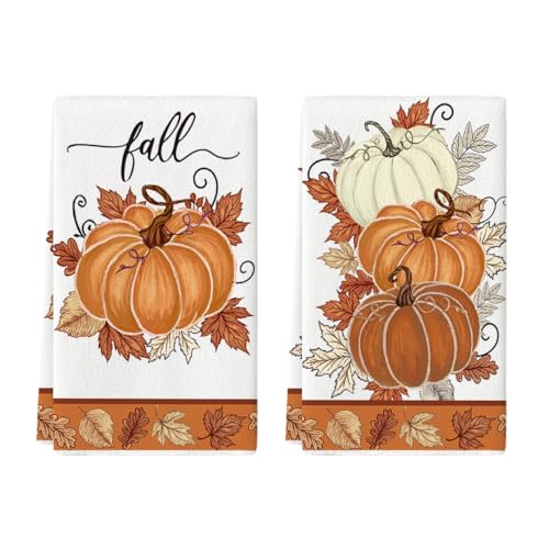 Orange Leaves Pumpkin Fall Kitchen Towels Set of 2 - 18x26 Inches