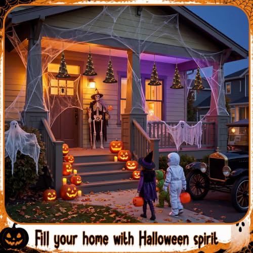 Halloween Rattan Witch Hat Decor Set with LED String Lights - Indoor Outdoor 12 Inch