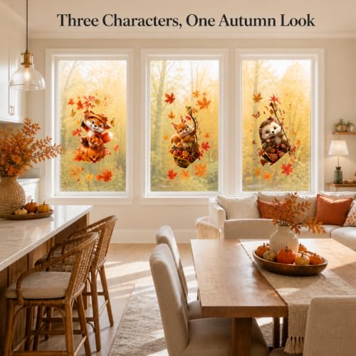 Autumn Window Clings - Forest Animals & Maple Leaves, 3-Piece Set - Static Fall Decor with Variation of This Listing