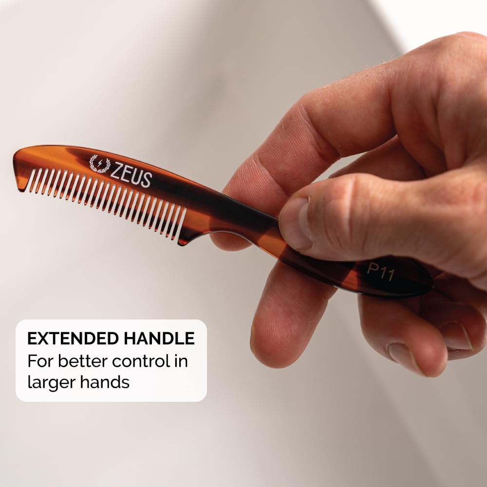 ZEUS Large 5” Mustache Comb for Men, Handmade Saw Cut, Long Handle Beard & Mustache Grooming Tool for Precise Styling (Tortoiseshell) P12