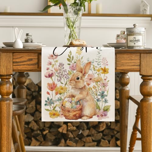 Easter Bunny Eggs Flowers Basket Table Runner 13x108 Inch Beige Seasonal Spring Home Decor