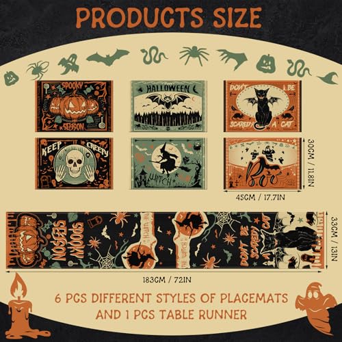 Halloween Placemats with Runner Set - Scary Forest Gothic Bat Skull Design, Washable 12x18 Inches