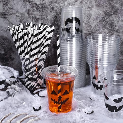 Black Pumpkin Face Halloween Disposable Plastic Cups with Lids & Straws - 12oz, 60 Pack