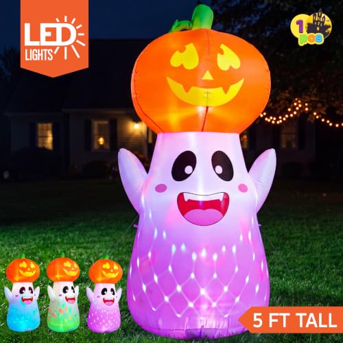 Red Halloween Inflatable Ghost Pumpkin with Colorful Flashing Lights - 5FT Yard Decor