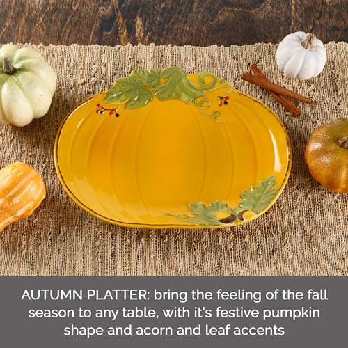 Pumpkin Serving Platter - 12 Inch Fall Pumpkin Shape with Acorn & Leaf Accents