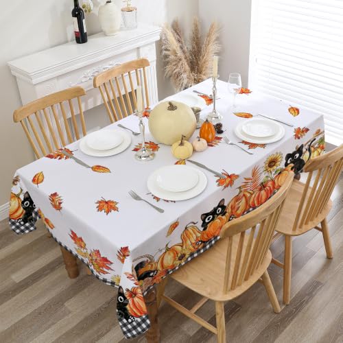 Rectangular Fall Pumpkins Tablecloth 60x84 Inch - Fade-Resistant, Spill-Resistant, Black Cat Variation