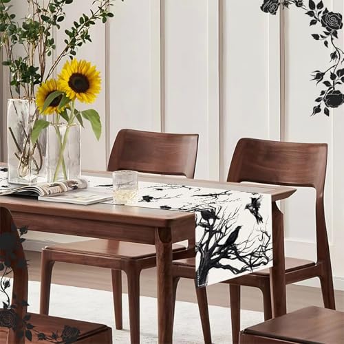 Halloween Black Linen Table Runner 13x72 Inch for Dining & Kitchen Decor - Crow & Branch Pattern